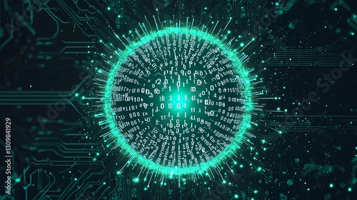 glowing ball with binary numbers radiating outward, set against a backdrop of digital circuitry, representing the core of digital connectivity. glowing ball, binary numbers, radiating outward, 