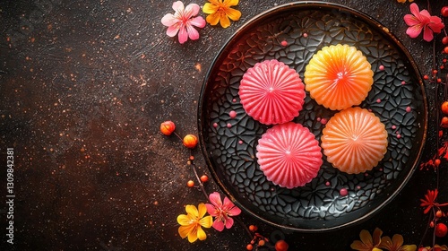 Japanese food Wagashi Dish top view on a dark brown background