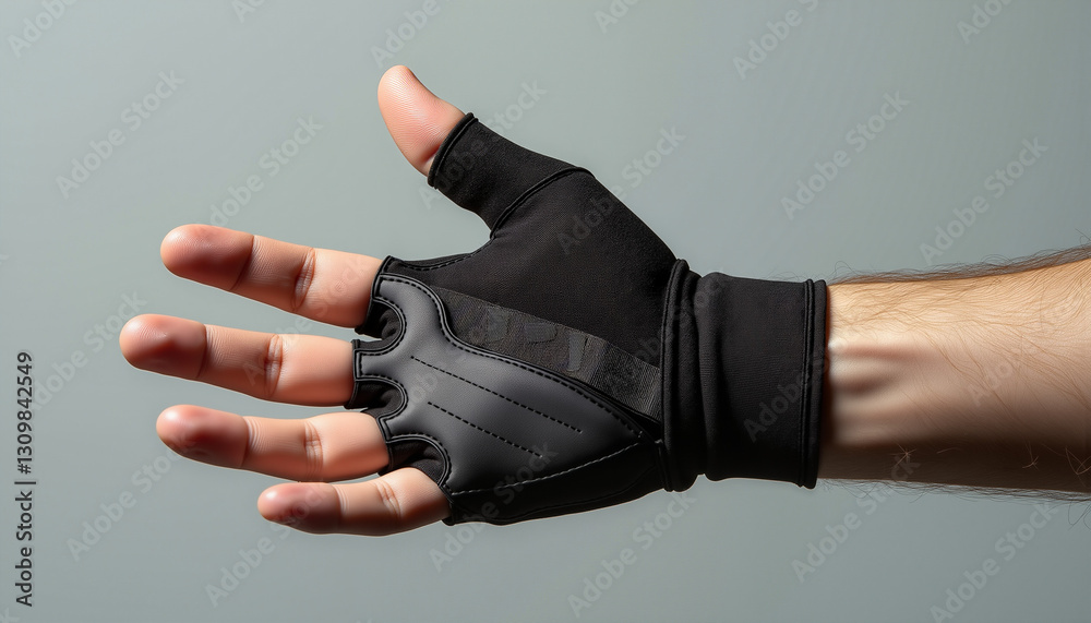 fitness gloves on a hand with a neutral mood against a gray background