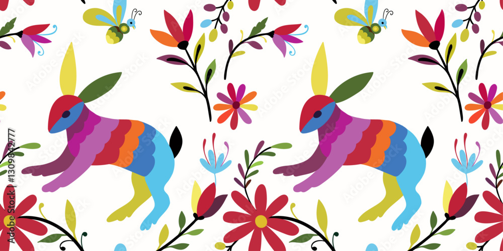 Obraz premium Folk Otomi style graphic, wallpaper. Colorful Mexican Traditional Textile Embroidery Style.