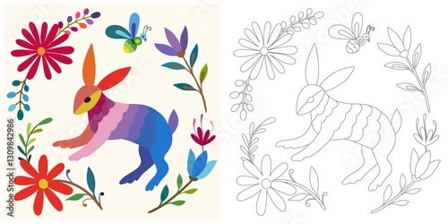 Coloring page, example for coloring, composition with flowers and animals in Mexican style