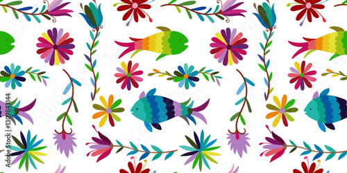 Colorful Mexican Traditional Textile Embroidery Style.