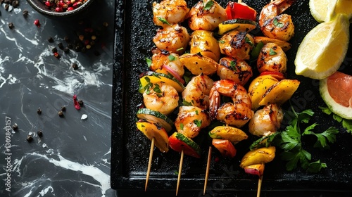 Wallpaper Mural Sea food Espetada Portuguese skewer Dish top view on a dark marble background Torontodigital.ca
