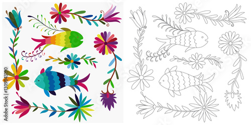 Colorful Mexican Traditional Textile Embroidery Style.