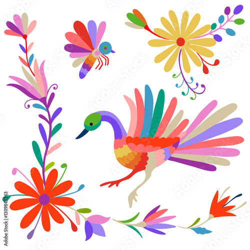 Folk Otomi style graphic, wallpaper. Colorful Mexican Traditional Textile Embroidery Style.