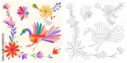 Mexican Otomi embroidery ornament. coloring page