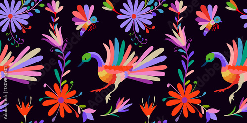 Seamless Pattern with birds and flowers on black
