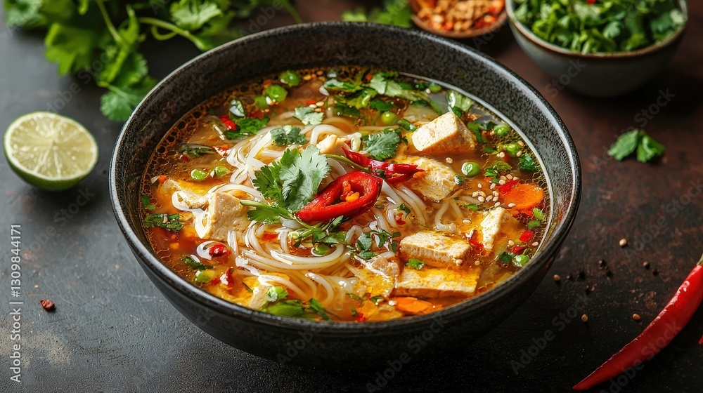 Sea food Banh canh Vietnamese soup with thick rice noodles Dish top view on a dark brown background Sea food Banh canh Vietnamese soup with thick rice noodles Dish top view on a dark brown background