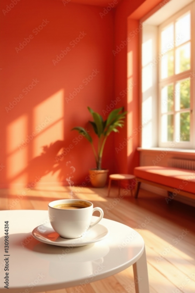 A warm cup of coffee sits on a white side table in a sunlit room with coral walls and a minimalist aesthetic A warm cup of coffee sits on a white side table in a sunlit room with coral walls and a minimalist aesthetic