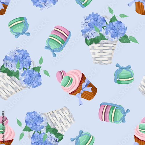 Different tastes and colors macaroons tied with a bow and basket of hydrangea on a blue background. Seamless vector illustration. For decoration textile, packaging.