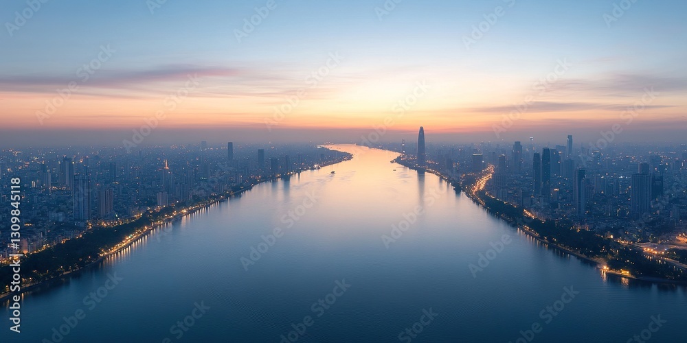 Cityscape at Dawn: An aerial panorama captures a stunning cityscape bathed in the soft hues of dawn, with a serene river snaking through the heart of the metropolis. Cityscape at Dawn: An aerial panorama captures a stunning cityscape bathed in the soft hues of dawn, with a serene river snaking through the heart of the metropolis.