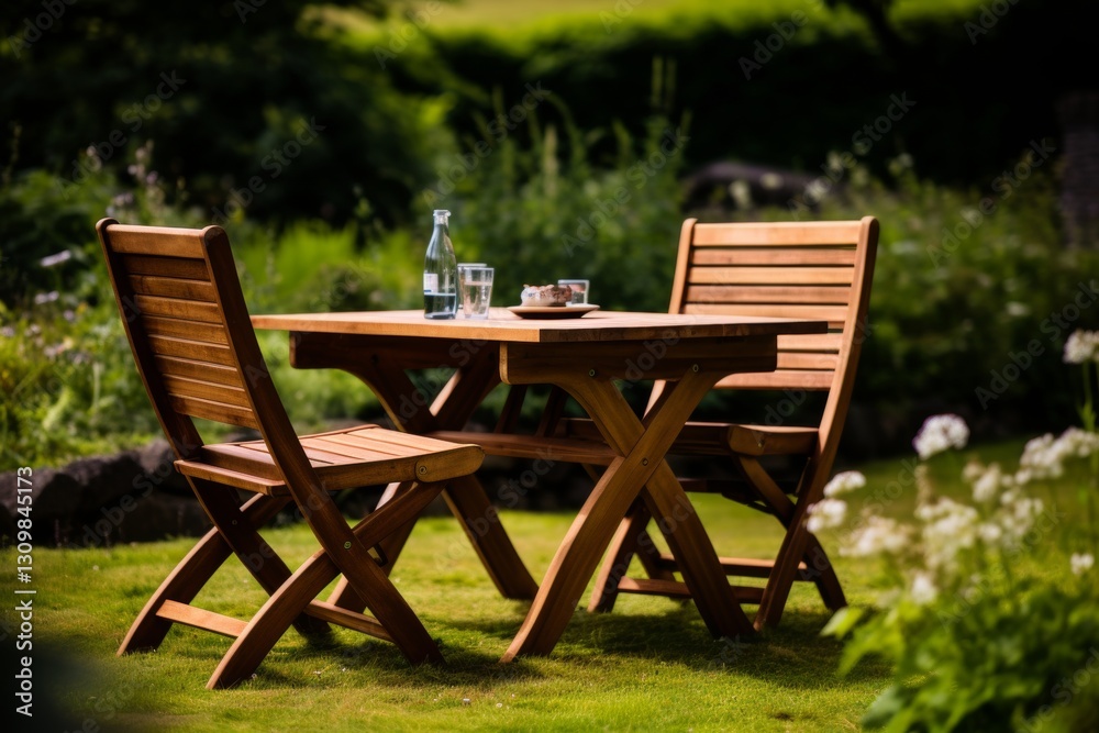 Charming picnic spot cozy table and chairs embraced by lush greenery in a minimalist setting Charming picnic spot cozy table and chairs embraced by lush greenery in a minimalist setting