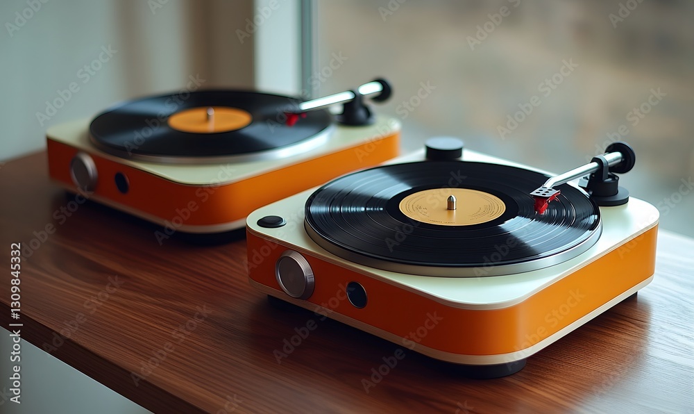Two retro orange and cream record players on a wooden surface by a window Two retro orange and cream record players on a wooden surface by a window