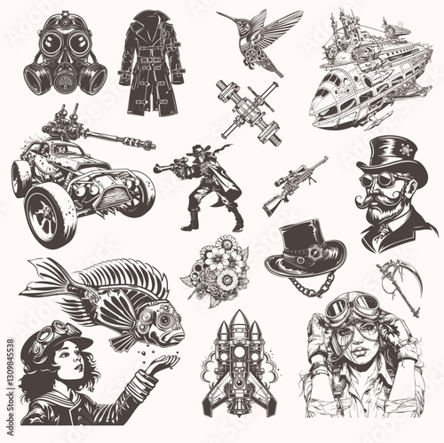 Steampunk Vector Illustrations – Fantasy Airships & Flying Machines