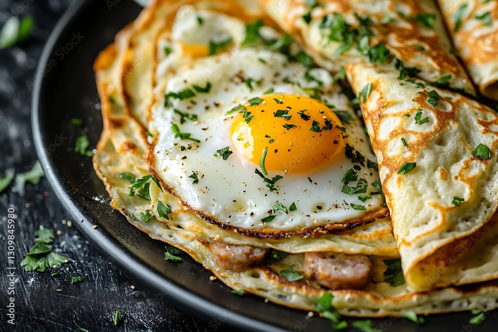 A plate of savory crepes is presented on a dark surface, creating a striking contrast A plate of savory crepes is presented on a dark surface, creating a striking contrast