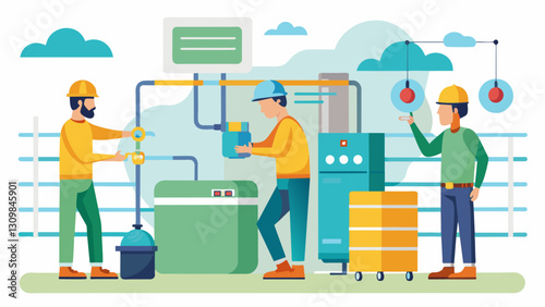 Workers completing the last few finishing touches such as labeling and insulating pipes before the HVAC system is officially declared operational.. Vector illustration