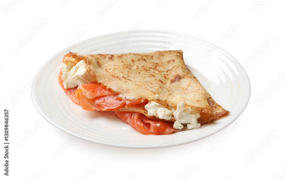 Delicious crepe with salmon and cream cheese isolated on white Delicious crepe with salmon and cream cheese isolated on white