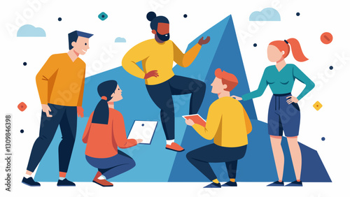 A group of climbers strategize together discussing the best approach for a particularly tricky section of the bouldering wall.. Vector illustration
