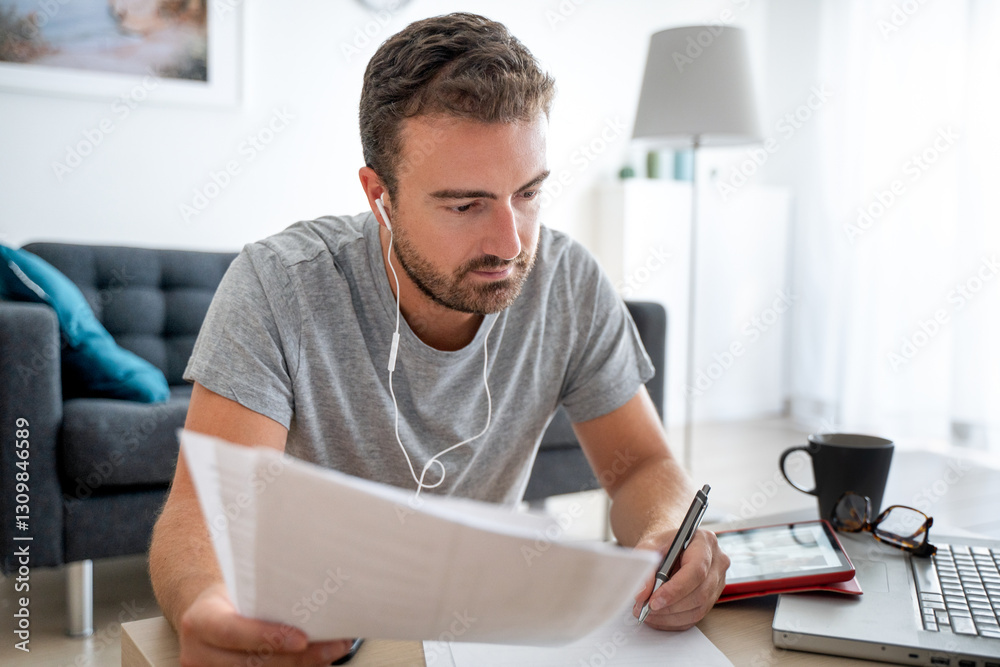 Fototapeta premium Man working from home using computer and internet connection