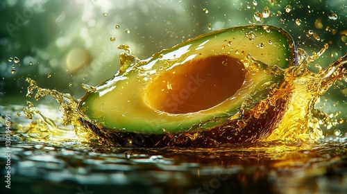 AI Generative Levitation: Healthy Organic Flying Avocado Food Splash with Oil Drops, Vegetarian & Eco-Friendly Concept for Green Background - #FoodArt #HealthyEating #OrganicFood #VegetarianDelights photo