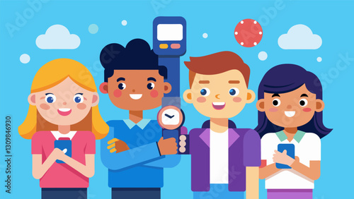 With a blend of humor and expertise a group of young vloggers give their take on the trendiest smart watches for kids.. Vector illustration