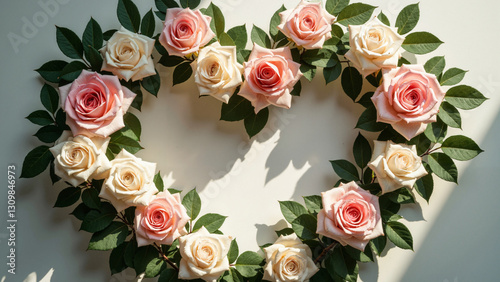 Ethereal Heart-Shaped Floral Arrangement with White & Pink Roses, Perfect for Valentine's Marketing, Wedding Promotions, and Romantic Campaigns