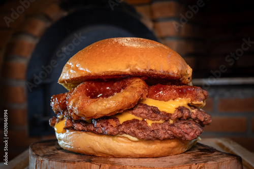 Double Smash Burger with Cheese, Barbecue Sauce and Onion Rings in a Brioche Bun on a Wooden Surface.