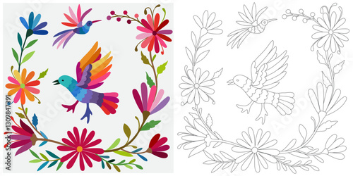 Coloring page, example for coloring, composition with flowers and animals in Mexican style