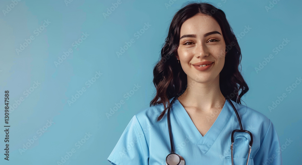 A beautiful female doctor or nurse in scrubs with dark hair and brown eyes, smiling softly while standing against a light blue background. A beautiful female doctor or nurse in scrubs with dark hair and brown eyes, smiling softly while standing against a light blue background.