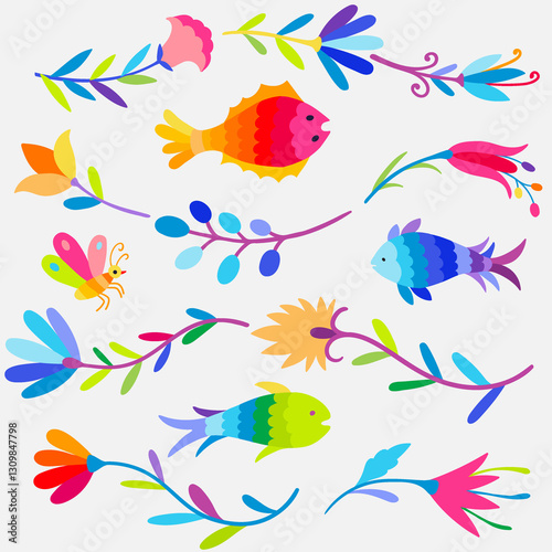 Colorful Mexican Traditional Textile Embroidery Style.