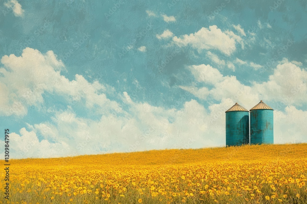 golden violet field swaying against a cerulean sky background with rustic teal silos glowing warmly exuding floral beauty and rural calm golden violet field swaying against a cerulean sky background with rustic teal silos glowing warmly exuding floral beauty and rural calm