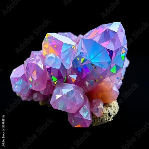 Vibrant rare crystal with unique geometric patterns and mesmerizing colors, showcased on a black background, highlighting its exceptional beauty and structural complexity.