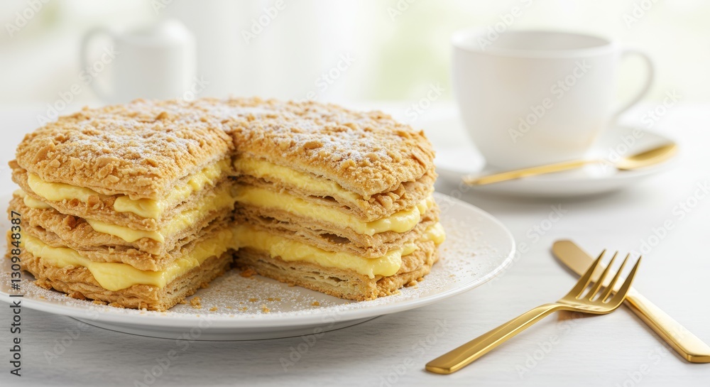 A delicate Napoleon cake with thin, flaky pastry layers and creamy custard filling, dusted with powdered sugar. A delicate Napoleon cake with thin, flaky pastry layers and creamy custard filling, dusted with powdered sugar.