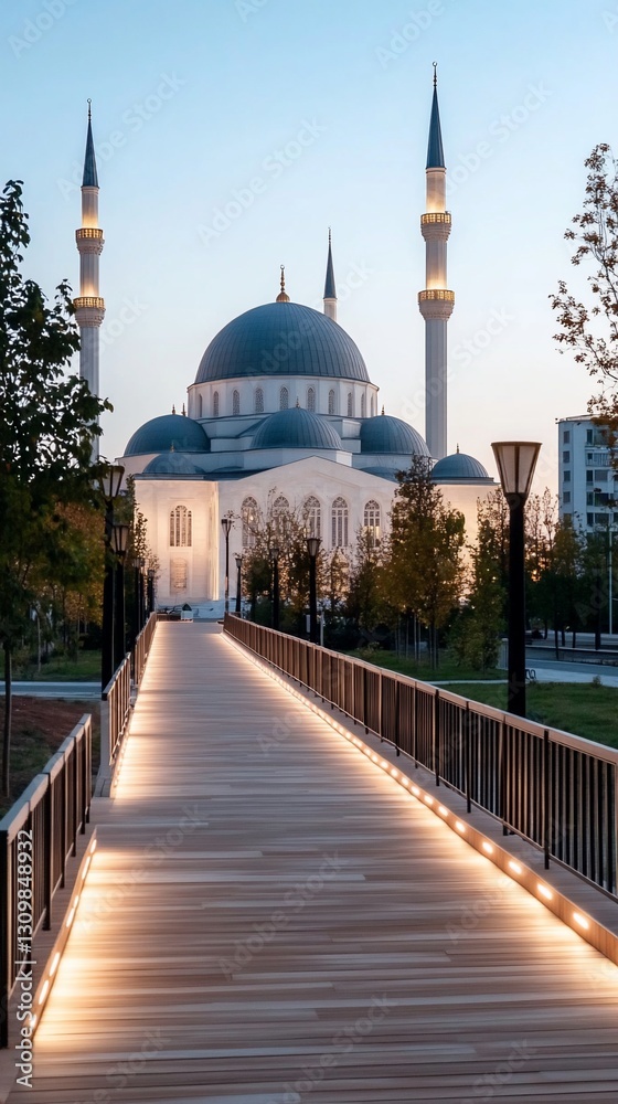 Naklejka premium Modern Mosque Dawn Teal Dome Peaceful Architecture