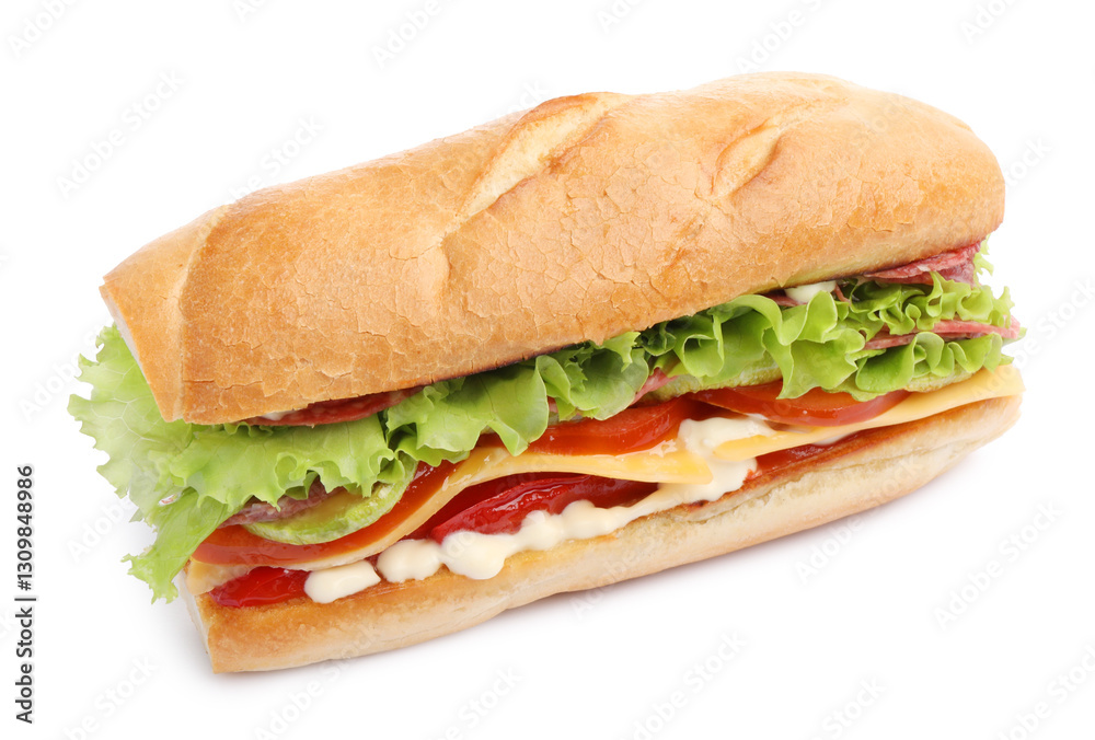 Delicious baguette sandwich with salami and cheese isolated on white Delicious baguette sandwich with salami and cheese isolated on white