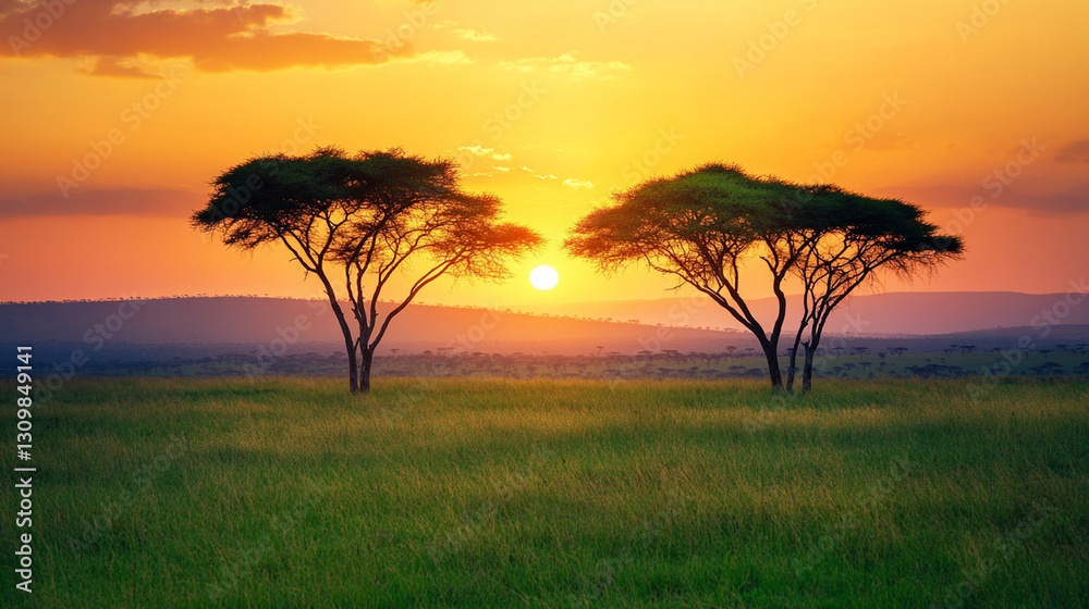 A stunning sunset paints the sky in warm hues over a serene savanna landscape, featuring two silhouetted trees against the vibrant backdrop. A stunning sunset paints the sky in warm hues over a serene savanna landscape, featuring two silhouetted trees against the vibrant backdrop.