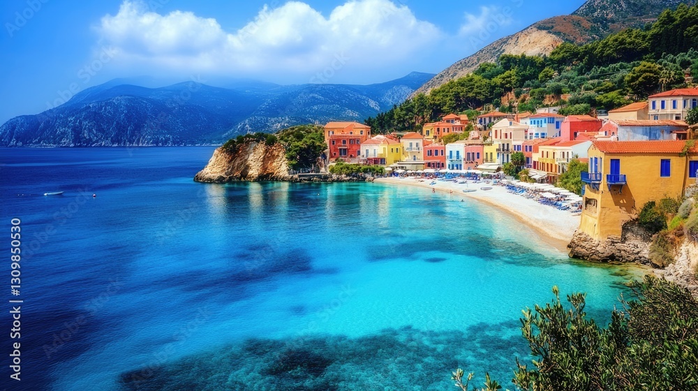 Fototapeta premium Breathtaking Assos: A Colorful Coastal Village in Kefalonia, Greece - Blue Bays and Exotic Cliffs Await