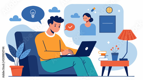 In the therapy room a patient types away on their laptop releasing their emotions and gaining a sense of control through writing therapy.. Vector illustration