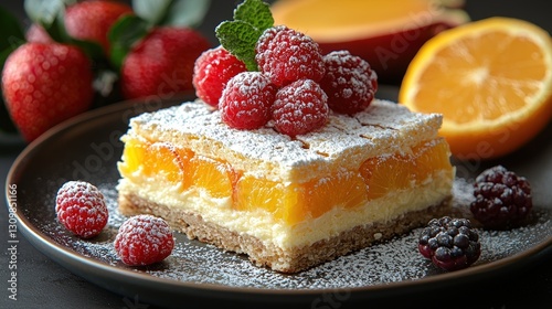 Australian Food Vanilla Slice Dish top view on a dark brown background