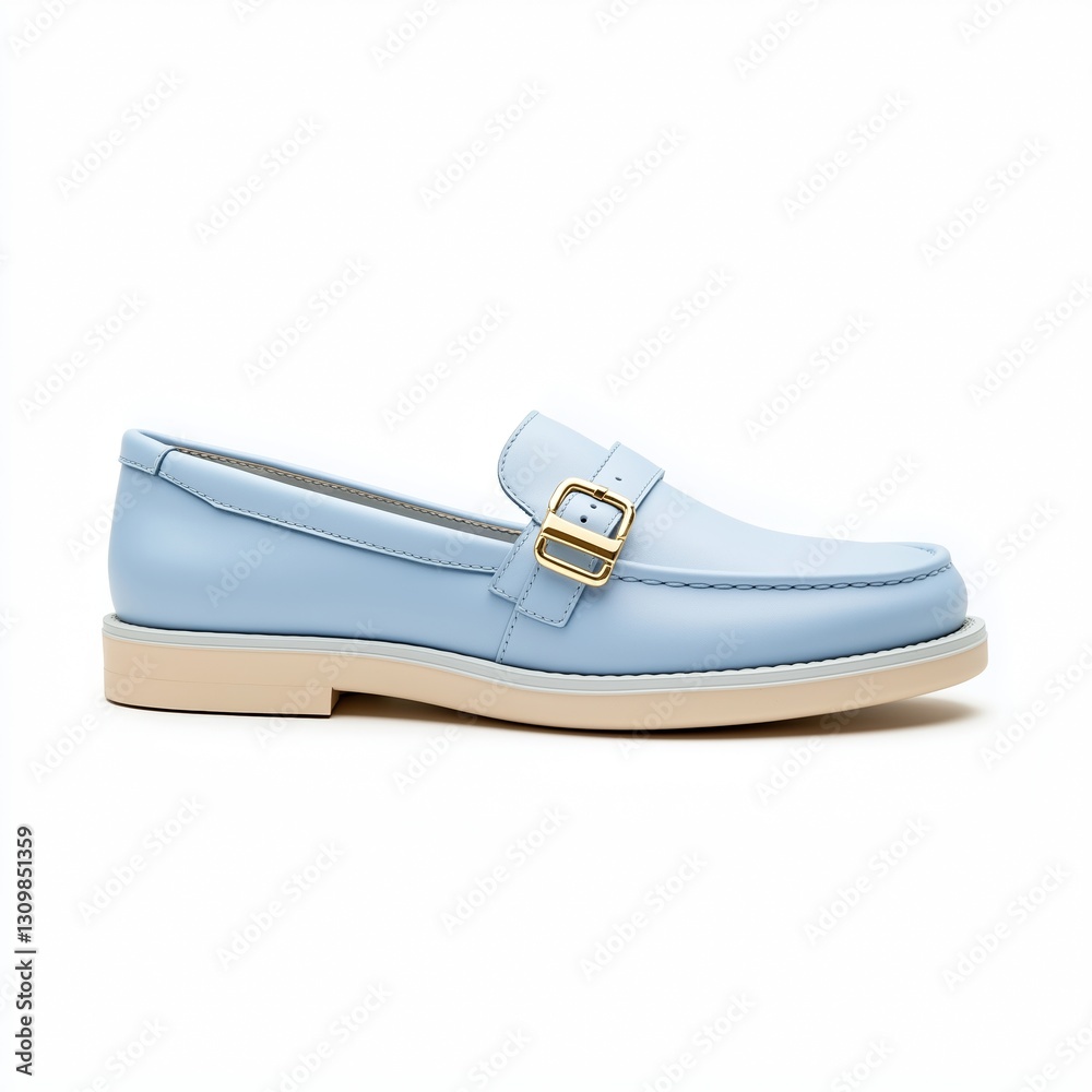 Φωτογραφία A brand-new pastel blue loafer with a metallic gold buckle, sleek stitching, and a soft insole, isolated on a white background