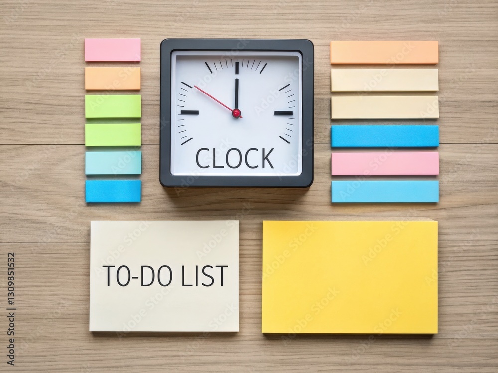 A clock surrounded by colorful sticky notes and a to-do list, emphasizing time management and organization in daily tasks.