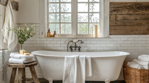 Cozy white wood cottage bathroom with wooden tub, tile, and still life of sponge and soap, amidst rustic modern architecture.