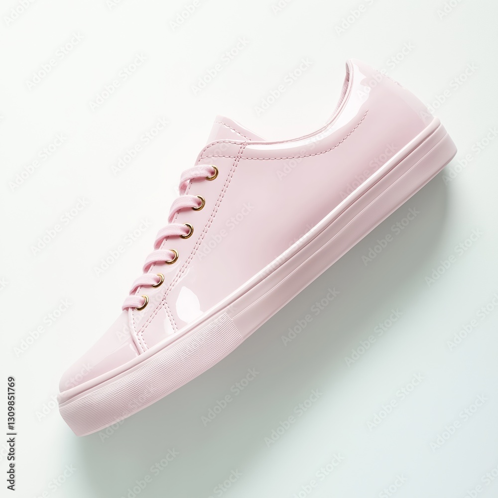 A brand-new pastel-pink sneaker with a smooth, minimalist profile and subtle metallic gold branding, isolated on a white background A brand-new pastel-pink sneaker with a smooth, minimalist profile and subtle metallic gold branding, isolated on a white background