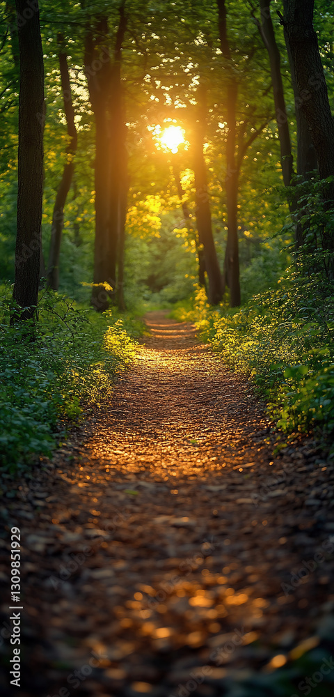 Fototapeta premium A path in the forest with rays of the spring sun breaking through.