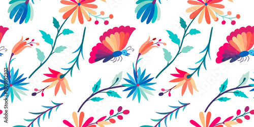 Folk Otomi style graphic, wallpaper. Colorful Mexican Traditional Textile Embroidery Style.