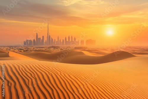 A breathtaking panoramic view of golden sand dunes and dubai skyline under a setting sun creating a serene desert landscape with warm twilight tones
