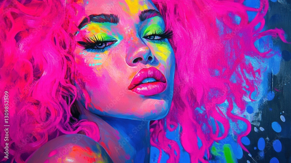Fototapeta premium Vibrant Portrait of a Young Woman with Pink Hair in Neon Fashion