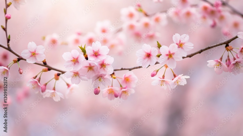Delicate pink cherry blossoms bloom on branches, creating a serene and beautiful spring atmosphere. Delicate pink cherry blossoms bloom on branches, creating a serene and beautiful spring atmosphere.