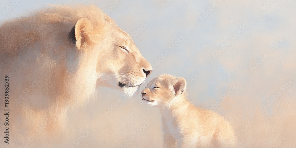 Obraz premium Lion's Tender Touch: A mother lion lovingly nuzzles her cub, a heartwarming display of affection, loyalty and protection in the wild. capturing the gentle bond within a family.