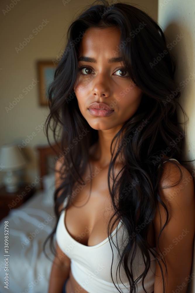 Domestic violence victim displaying fear and vulnerability in intimate home setting during evening hours Domestic violence victim displaying fear and vulnerability in intimate home setting during evening hours